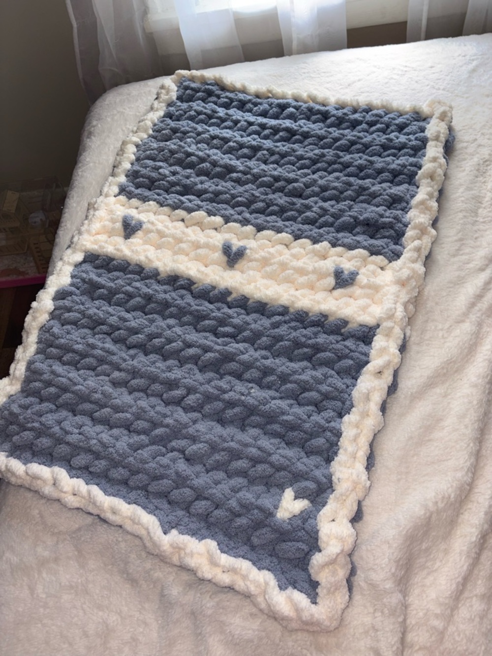Handmade Chunky Knit Baby Blanket in Dusty Blue and Cream